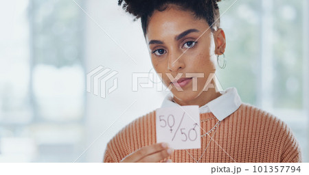 Gender equality, business woman with paper for equal pay, face and protest with feminism and equality in the workplace. Professional for fair opportunity, portrait and income equity with human rights 101357794