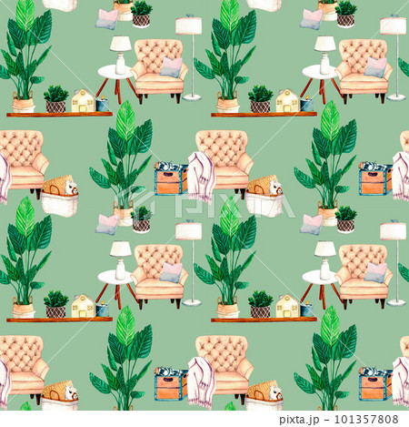 Watercolor seamless pattern with home plant, wax candlt, ceramic houses lanterns, armchair, shelf, vase with dried flowers, coffee table, wicker basket with lama toy, wooden box, firewood Watercolor seamless pattern with home plant, wax candlt, ceramic houses lanterns, armchair, shelf, vase with dried flowers, coffee table, wicker basket with lama toy, wooden box, firewood 101357808