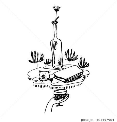 Doodle still life with a hand raising a glass in front of a table with a bottle of wine and a book Doodle still life with a hand raising a glass in front of a table with a bottle of wine and a book 101357904