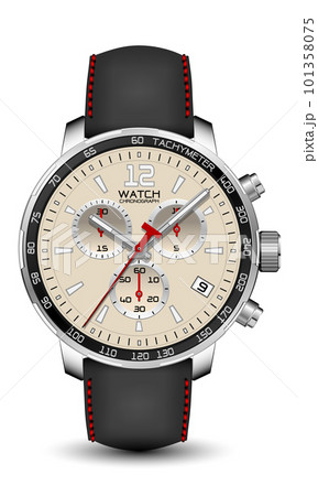 Realistic watch clock chronograph silver leather strap black red arrow on white design classic luxury vector 101358075