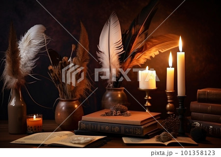 Old books, candles and incense on wooden table. Halloween concept. Generative AI.Generative AI 101358123