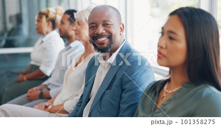 Hiring, diversity recruitment and businessman in waiting room ready for job interview with human resources. Business people job search, company hr choice and portrait of African candidate in line 101358275