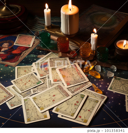 Blurred tarot cards on the table, esoteric concept, fortune telling predictions. Generative AI 101358341