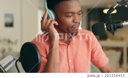 Black man, radio microphone or writing podcast ideas, audience interview questions or media news. Talking, communication or headphones for working speaker, influencer or reporter with in house studio 101358453