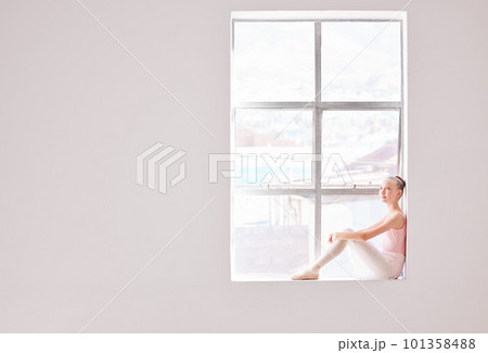 Ballet, smile girl on window of creative dance studio dreaming to become professional ballerina. Education, student and training child for art and fitness dancing in theater show performance Ballet, smile girl on window of creative dance studio dreaming to become professional ballerina. Education, student and training child for art and fitness dancing in theater show performance 101358488