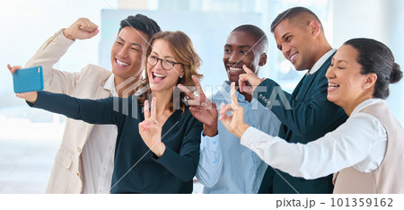 Peace, selfie and collaboration with a team photograph showing motivation and celebration of success in teamwork. Cheering, win and picture with a group of business people cheering and happy at work Peace, selfie and collaboration with a team photograph showing motivation and celebration of success in teamwork. Cheering, win and picture with a group of business people cheering and happy at work 101359162