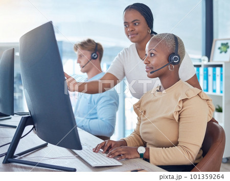 Call center manager coaching sales consultant, telemarketing employee and crm customer service worker with computer software in office agency. Mentor training woman with pc tech solution and strategy Call center manager coaching sales consultant, telemarketing employee and crm customer service worker with computer software in office agency. Mentor training woman with pc tech solution and strategy 101359264