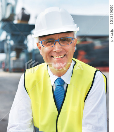 Construction worker, engineer or logistics manager portrait at a shipping warehouse for manufacturing industry. Happy leader man with a vision, goal or mindset for success in cargo industrial company 101359390