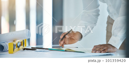 Contractor, creative design engineer and handyman planning home renovation on blueprint, architect writing project strategy in notebook and construction worker working on architecture in book 101359420