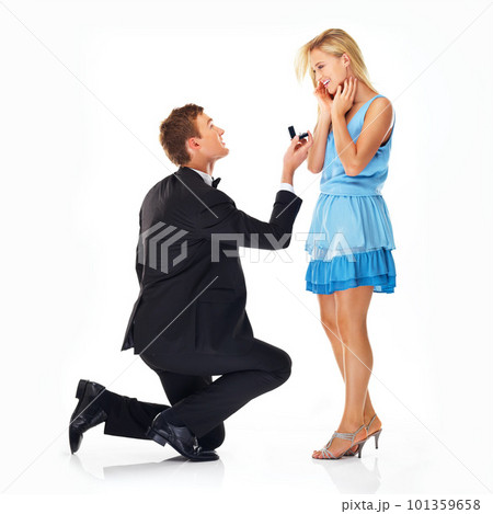 Love, marriage question and wedding proposal of a couple with a man on his knee. Diamond ring, jewelry and engagement wow surprise with happy people ready to show commitment, trust and hope together 101359658