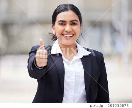 Thumbs up, success and business intern feeling happy, proud and excited about job opportunity or goal. Portrait of entrepreneur feeling like winner, saying thank you and sharing motivation outside 101359678