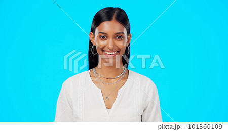 Laughing, studio and Indian woman face with blue background ready for work. Business employee, smile and happy portrait of a young female worker and professional isolated with happiness and joy 101360109