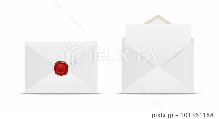 Vector Realistic White Closed Envelope with Red Wax Seal and Opened Envelope with Letter Inside. Folded and Unfolded White Envelope Icon Set Isolated. Message, Alert, Surprise, Secret Concept Vector Realistic White Closed Envelope with Red Wax Seal and Opened Envelope with Letter Inside. Folded and Unfolded White Envelope Icon Set Isolated. Message, Alert, Surprise, Secret Concept 101361188