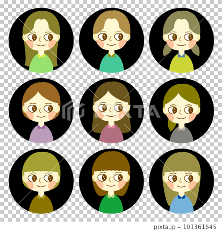Pop and cute female face icon set round background 101361645