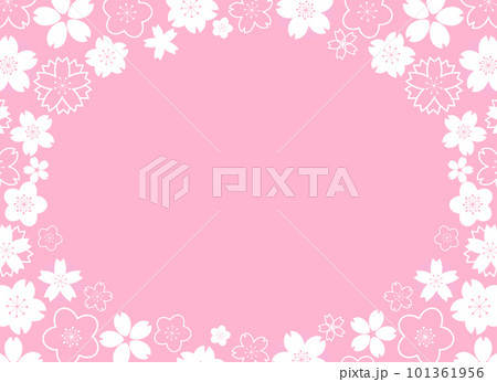 Horizontal frame with white geometrical sakura flowers on pink background 101361956