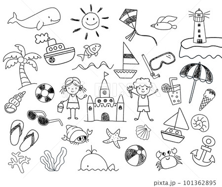 夏のビーチの手書き風イラストセット 101362895