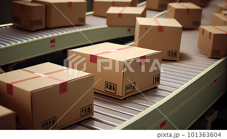 Row of brown boxes on conveyor belt in a big warehouse, Cardboard boxes in logistics warehouse, Packed courier on production line against, Generative AI Row of brown boxes on conveyor belt in a big warehouse, Cardboard boxes in logistics warehouse, Packed courier on production line against, Generative AI 101363604