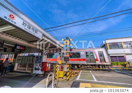 日本の横浜都市景観　東急電鉄　妙蓮寺駅や踏切を通過する電車などを望む 101363874