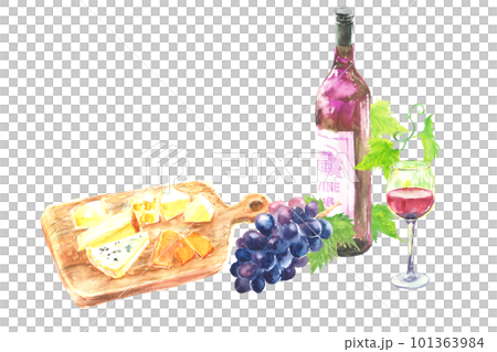 水彩で描いたワインとチーズのイラスト 101363984