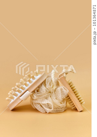 Bathroom accessories on beige background. Beauty and wellness concept Bathroom accessories on beige background. Beauty and wellness concept 101364871