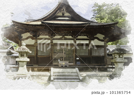 水彩画風 岩国 吉香神社 拝殿 山口県岩国市 水彩画風 岩国 吉香神社 拝殿 山口県岩国市 101365754