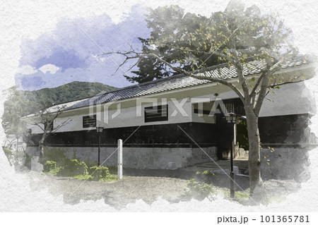 水彩画風 岩国 旧吉川邸厩門 山口県岩国市 水彩画風 岩国 旧吉川邸厩門 山口県岩国市 101365781