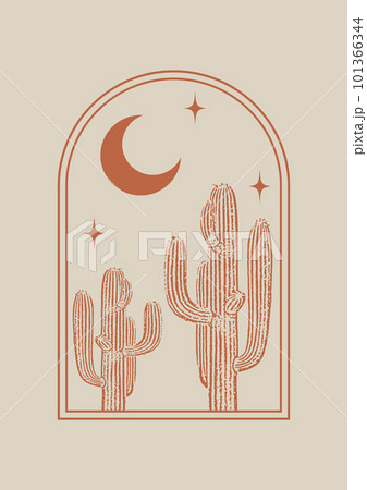 Minimalist aesthetic illustration with cactus in night desert. 101366344