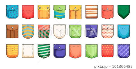 Cartoon pockets collection. Cargo and patch pockets for clothes, casual uniform textile icons flat style, fashion fabric patches design. Vector isolated set 101366485
