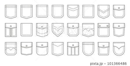Line pockets. Sewing outline patches for men and women pants, textile uniform and bagged cloth elements. Vector cotton fabric shapes set 101366486