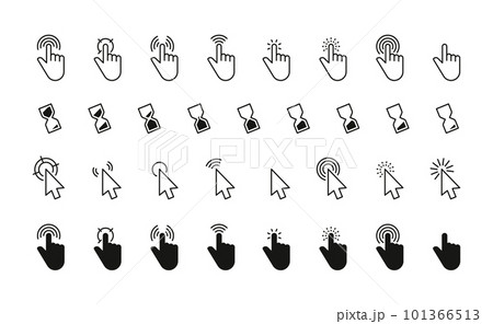 Black cursor icons. Interface mouse click pointers flat style, simple finger pointers computer arrow silhouettes swipe touch web buttons. Vector isolated set Black cursor icons. Interface mouse click pointers flat style, simple finger pointers computer arrow silhouettes swipe touch web buttons. Vector isolated set 101366513