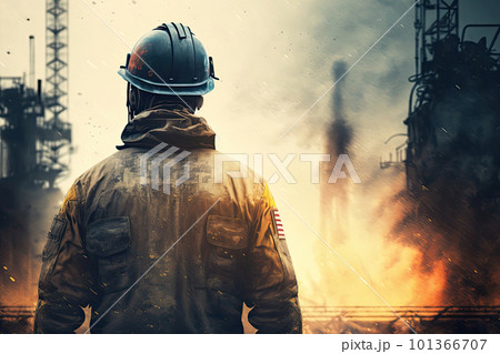 Back view of industrial worker wearing protective uniform and safety helmet. Generative AI Back view of industrial worker wearing protective uniform and safety helmet. Generative AI 101366707