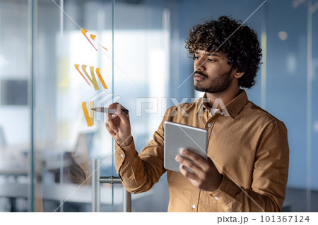 Thinking businessman at work inside office standing near glass board with colorful notes, hispanic thinking about plan strategy, man holding tablet computer close up. 101367124
