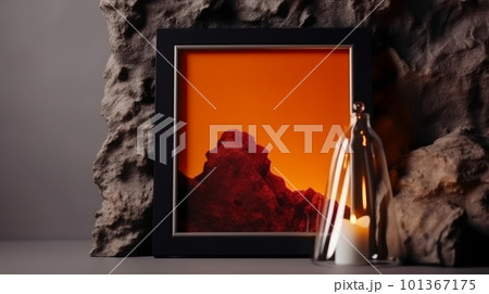 Photo frame mockup with a candle on the ground against rock background,A candle light reflect and a black rock minimal dark tone,sadness mystery decorate for photo frame. Photo frame mockup with a candle on the ground against rock background,A candle light reflect and a black rock minimal dark tone,sadness mystery decorate for photo frame. 101367175