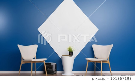 minimal living room blue color, A triangle poster frame mockup wall hanging on the blue wall, Two chairs and a Table with pants on a blue background, Interior design dark blue and white tone.  101367193