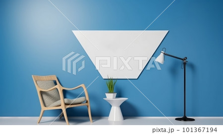 minimal living room blue wall, A poster frame triangle mockup wall hanging on the blue wall, a chair and Table with pants and a lamp in front of a blue background,Interior design dark blue white tone. 101367194