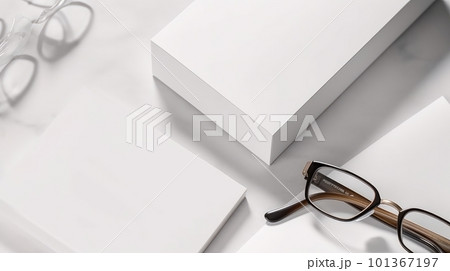 White carton product box set mockup for grasses product, a Premium package of white plain decorate with grasses, Top view white background studio shot, A plain box packaging for the delivery product. 101367197