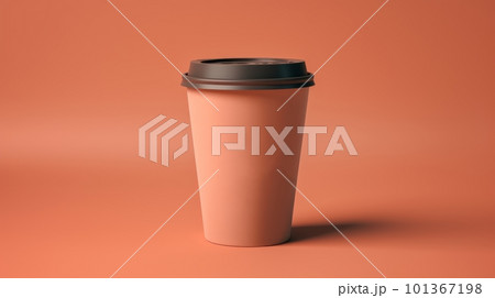 Blank orange peach disposable paper coffee cup with plastic lid mock-up isolated, orange peach background. Empty polystyrene coffee drinking mug mockup front view. Clear plain tea take away package 101367198