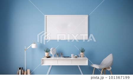 minimal living room blue color, A rectangle photo frame mockup wall hanging on the blue wall,chairs and a Table with pants on blue background, Interior design living room dark blue and white tone minimal living room blue color, A rectangle photo frame mockup wall hanging on the blue wall,chairs and a Table with pants on blue background, Interior design living room dark blue and white tone 101367199