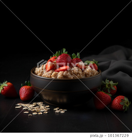 Appetizing delicious oatmeal with strawberries and cream isolated on black close-up, healthy breakfast dish, healthy food 101367229