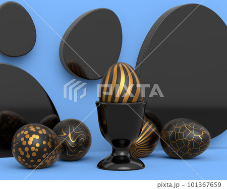 Golden and black Easter egg on podium and scattered eggs on blue background Golden and black Easter egg on podium and scattered eggs on blue background 101367659