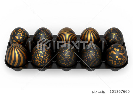 Golden and black Easter eggs in basket or tray and chocolate eggs Golden and black Easter eggs in basket or tray and chocolate eggs 101367660