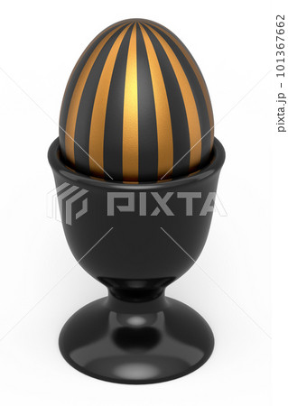 Easter egg with gold and black pattern in egg cup isolated on white background 101367662