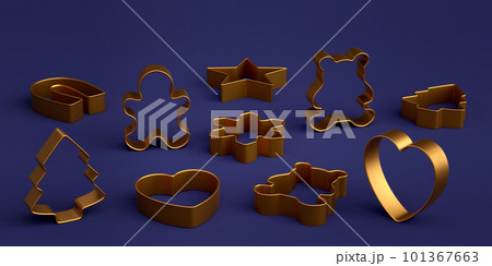 Set of metal cookie cutters for homemade Christmas biscuit on a blue background 101367663