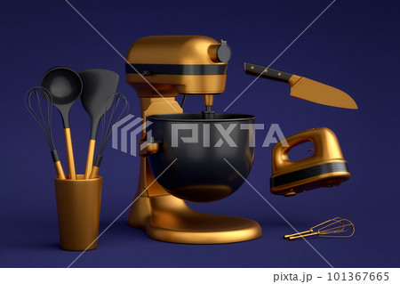 Mixer and hand mixer with kitchen utensil for preparation of dough on blue 101367665
