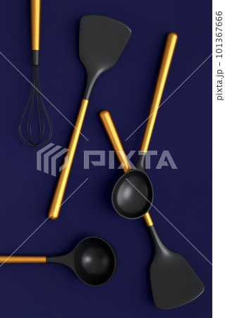 Wooden kitchen utensils, tools and equipment on blue background. 101367666