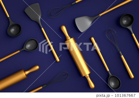 Wooden kitchen utensils, tools and equipment on blue background. 101367667