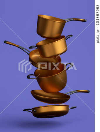 Set of flying stewpot, frying pan and chrome plated cookware on blue background 101367668