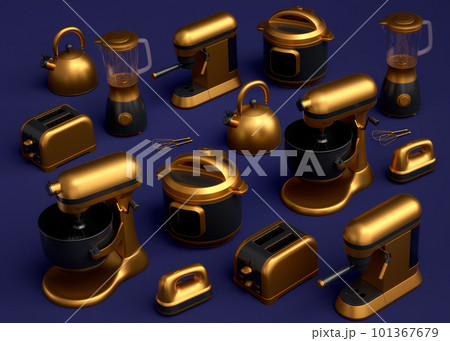 Electric kitchen appliances and utensils for making breakfast on blue background Electric kitchen appliances and utensils for making breakfast on blue background 101367679