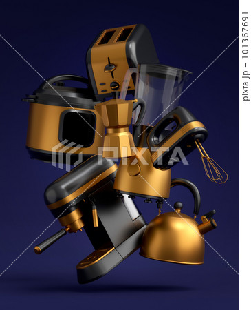 Electric kitchen appliances and utensils for making breakfast on blue Electric kitchen appliances and utensils for making breakfast on blue 101367691