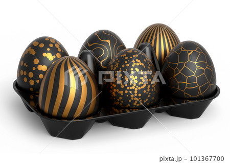 Golden and black Easter eggs in basket or tray and chocolate eggs Golden and black Easter eggs in basket or tray and chocolate eggs 101367700